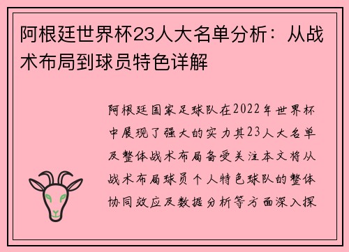 阿根廷世界杯23人大名单分析：从战术布局到球员特色详解